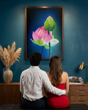 Alternative view of Elegant Pink Bloom with Bud on Blue Background