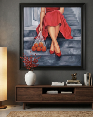 Alternative view of Red Dress and Oranges on Stairs – Original oil painting