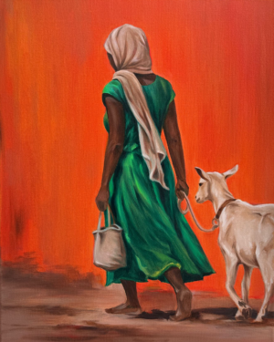 African Woman Walking with Goat