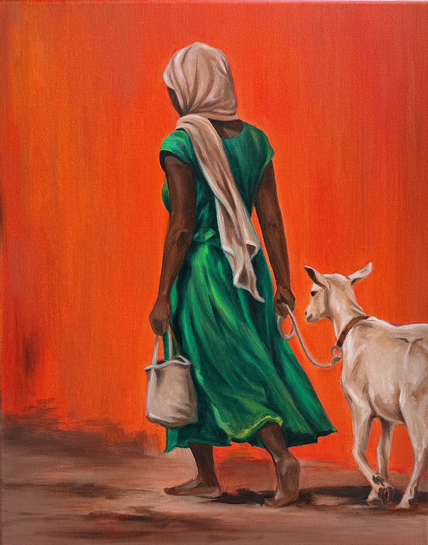 African Woman Walking with Goat