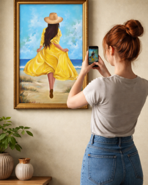 Alternative view of Golden Dress by the Sea – Original oil painting