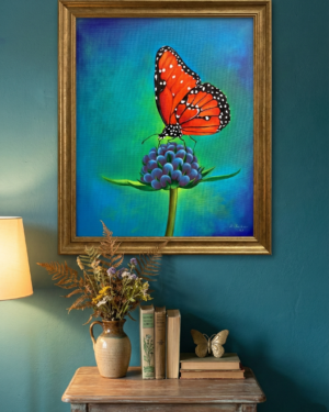 Alternative view of Monarch Butterfly on Blue Flower - Original oil painting