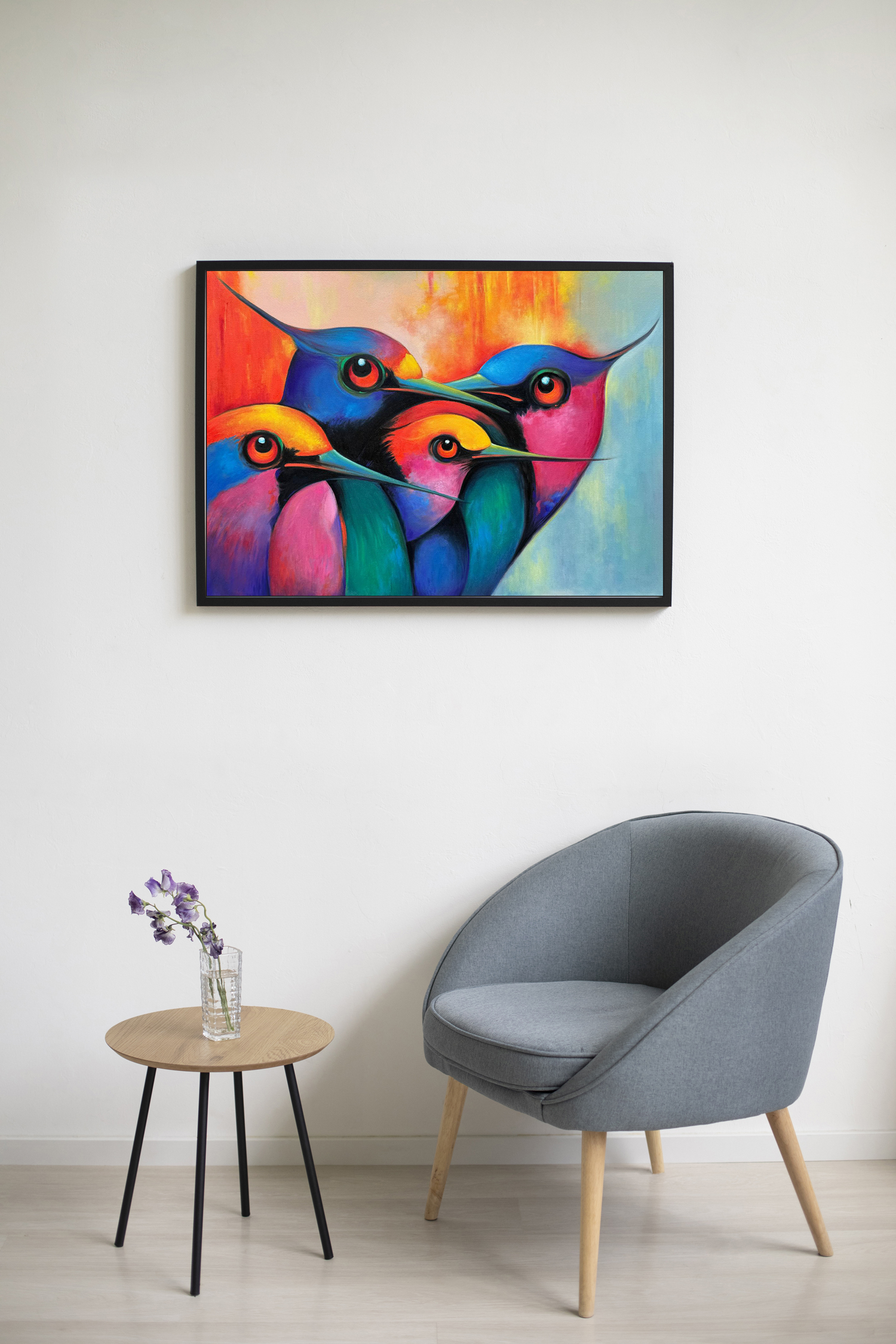 Vibrant Curiosity - A Gathering Of Colorful Birds Painting - Image 2