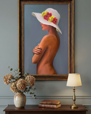 Alternative view of Elegant Nude Woman With White Hat – Original oil painting