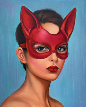 Vibrant Portrait Art of Woman in Red Cat Mask