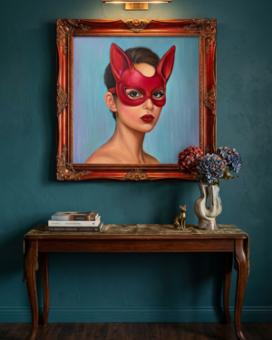 Alternative view of Vibrant Portrait Art of Woman in Red Cat Mask