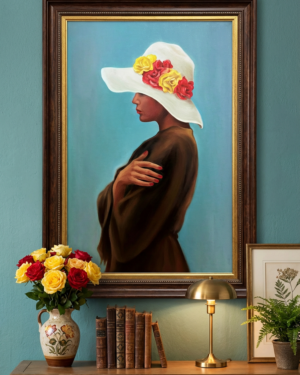 Alternative view of Woman In White Hat Painting – Elegant Figurative Portrait