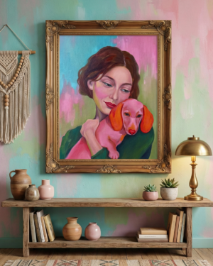 Alternative view of Woman with Dachshund – Original oil painting
