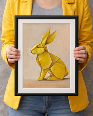 Alternative view of Yellow Origami Rabbit Painting – Geometric Animal Canvas Art
