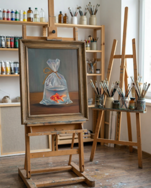 Alternative view of Realistic Goldfish In Plastic Bag Original oil painting