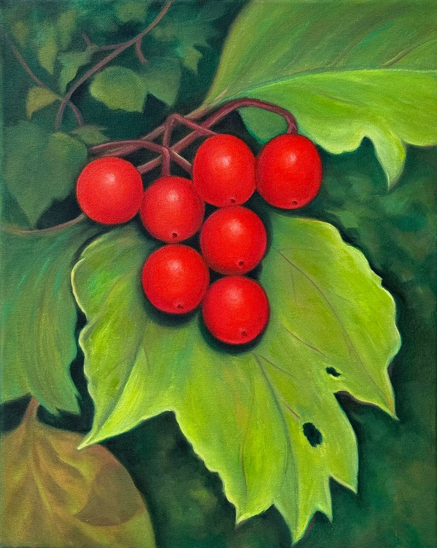 Vibrant Red Berries On Green Leaves Original oil painting