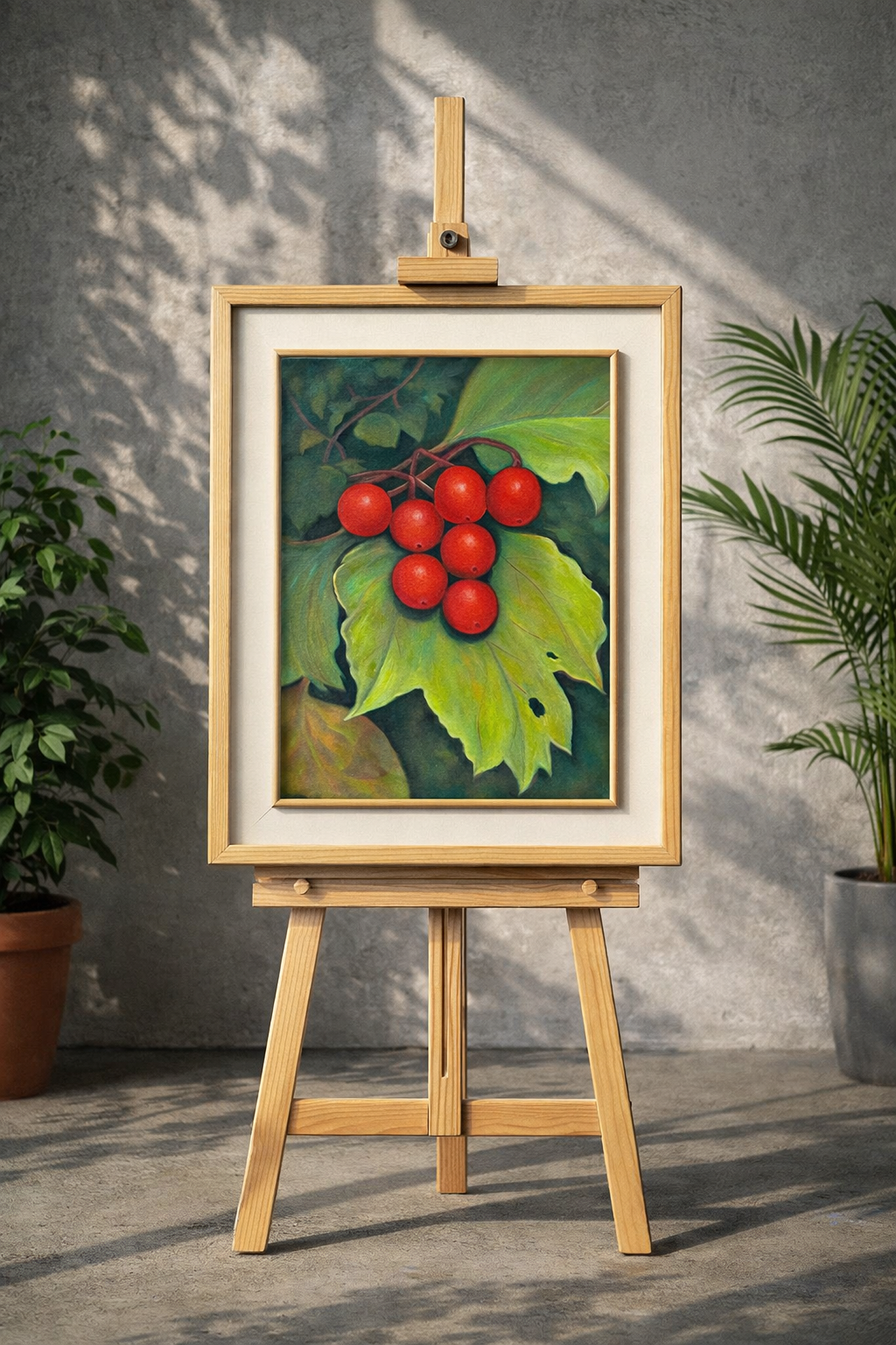 Vibrant Red Berries On Green Leaves Original oil painting - Image 2