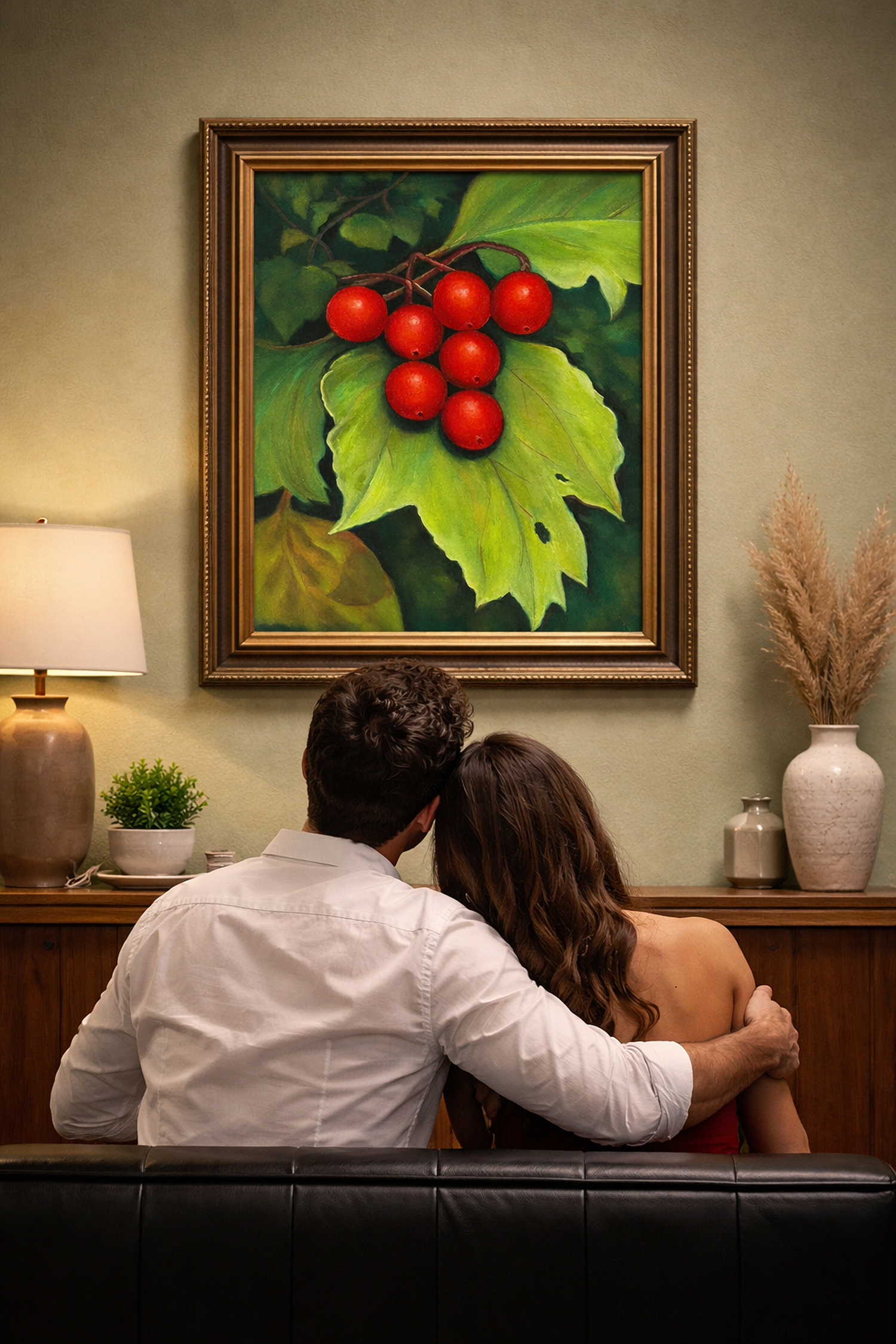 Vibrant Red Berries On Green Leaves Original oil painting - Image 4