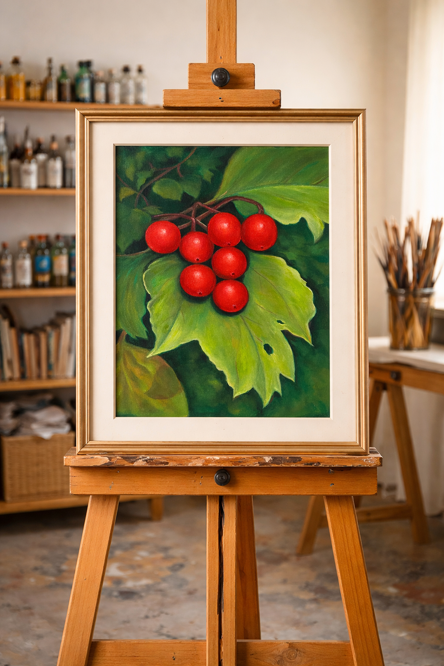 Vibrant Red Berries On Green Leaves Original oil painting - Image 5