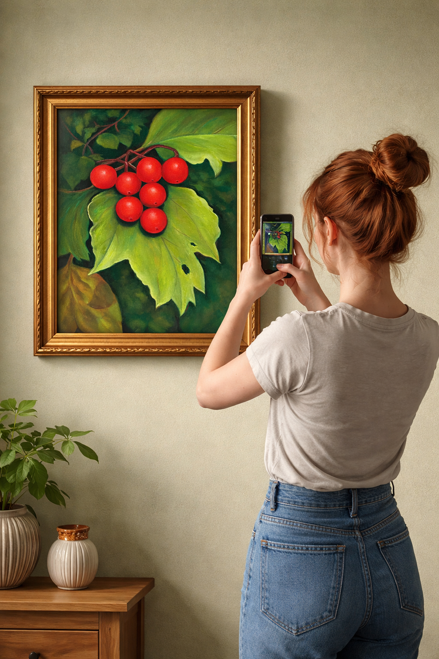 Vibrant Red Berries On Green Leaves Original oil painting - Image 6