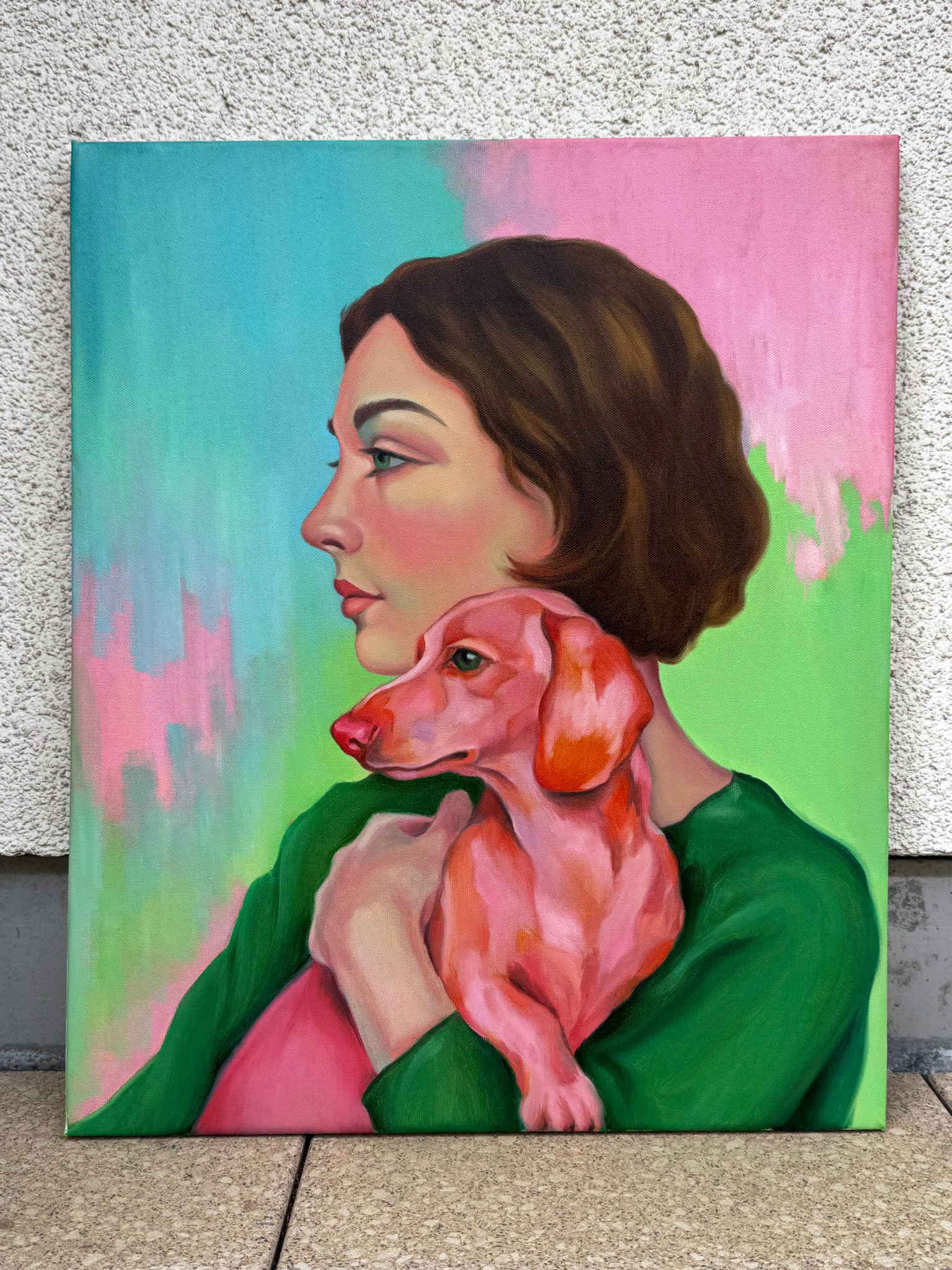 Modern Woman With Dachshund – Original oil painting - Image 3