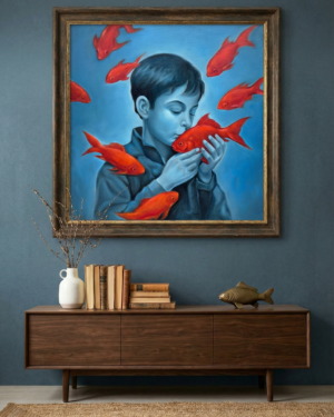 Alternative view of Surreal Boy With Goldfish - Original oil painting