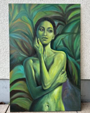 Alternative view of Green Figurative Woman Painting Expressive Portrait in Nature